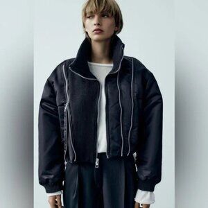 Zara Navy Black Pinstripe Bomber Jacket Multiple Adjustable Silver Zippers Sz Sm